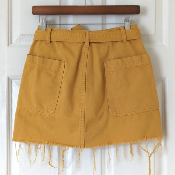 PacSun High Waisted Tie Belted Raw Hem A-Line Denim Mini Skirt Mustard Yellow 26 - Picture 11 of 13